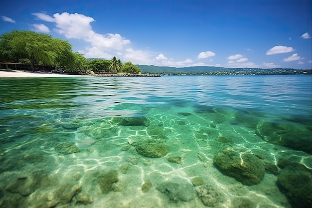 Spokojna zielona woda oceanu w tropikalnym raju Przybrzeżny widok plaży West Bay w Roatan