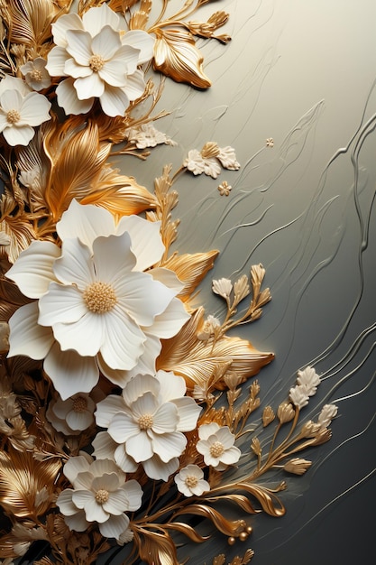 Spokojne beżowe teksturowane tło ze złotym zawijasem i białymi kwiatami na granicy AI generatywnej
