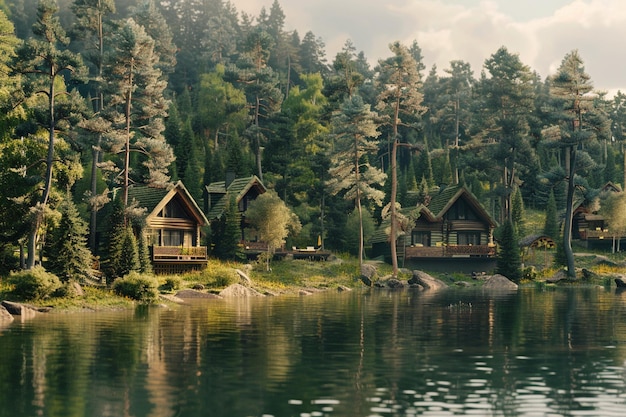 Spokojne domki nad jeziorem położone wśród wzgórz