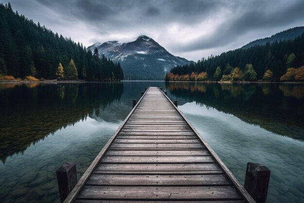 Zdjęcie spokojne górskie jezioro z drewnianą przystanią otoczoną pięknem przyrody, spokojna i spokojna atmosfera dla maksymalnego relaksu generative ai