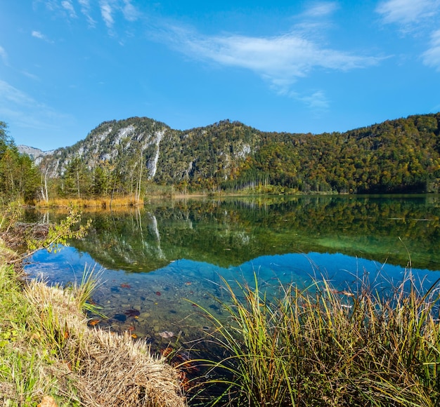 Spokojne jesień Alpy jezioro górskie z czystą przejrzystą wodą i odbiciami jezioro Almsee Górna Austria