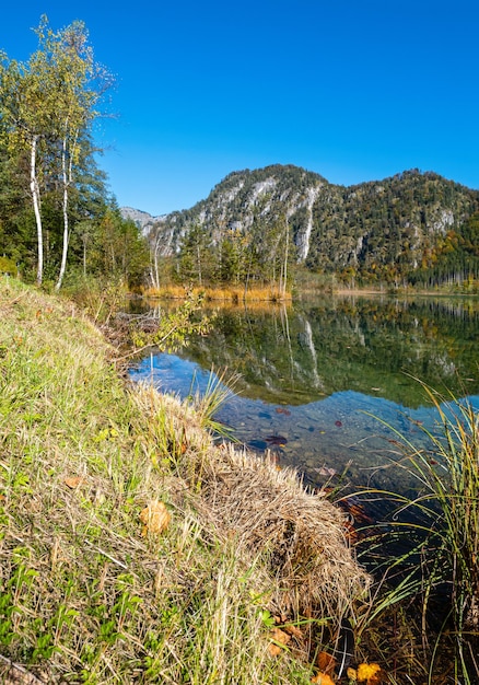 Spokojne jesienne górskie jezioro w Alpach z przejrzystą, przejrzystą wodą i refleksami Jezioro Almsee Górna Austria