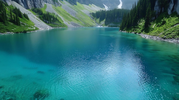 Zdjęcie spokojne jezioro górskie z krystalicznie czystą niebieską wodą odzwierciedlającą otaczające je bujne zielone góry i drzewa