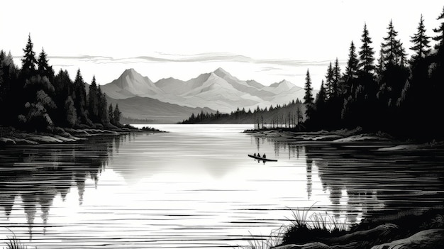 Zdjęcie spokojne jezioro i góry szczegółowe czarno-białe ilustracje cyfrowe