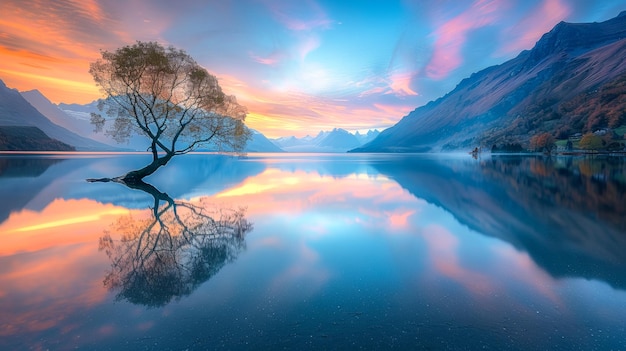 Spokojne jezioro o świcie otoczone górami z odbiciem pastelowego nieba
