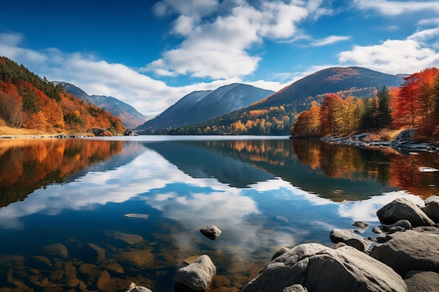 Spokojne jezioro otoczone kolorowymi jesiennymi liśćmi i odbijającymi się górami