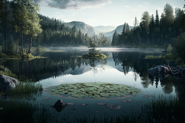 spokojne jezioro otoczone lasem reprezentujące spokój natury