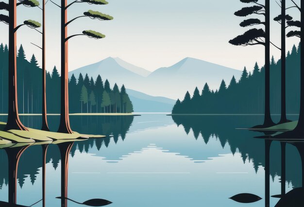 Zdjęcie spokojne jezioro otoczone wysokimi drzewami.