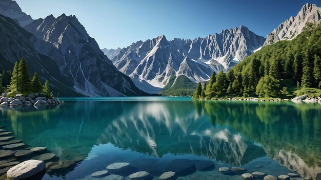 Spokojne jezioro położone wśród wysokich gór.