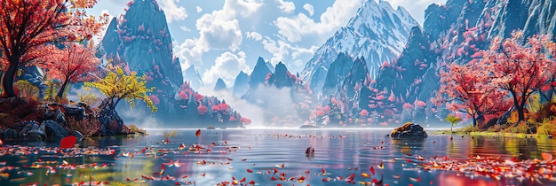 Spokojne jezioro Reflection z mglistymi górami oferujące spokojną ucieczkę w przyrodzie w nienaruszonym środowisku doskonałe dla poszukiwaczy przygód