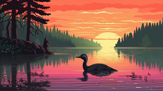 Spokojne jezioro z loonem wzywającym w oddali Koncepcja fantasy Malarstwo ilustracyjne