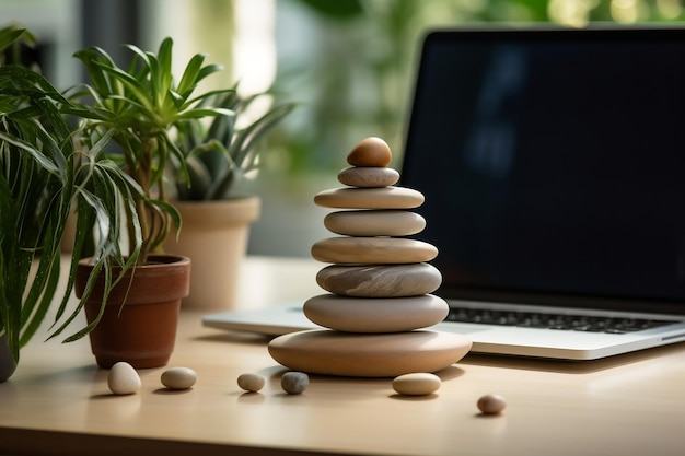 Spokojne kamienie zen obok laptopa biurowego na biurku AI