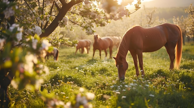 Spokojne konie pasące się w słonecznym ogrodzie w złotą godzinę spokojny krajobraz wiejski idealny dla inspirowanych naturą projektów AI