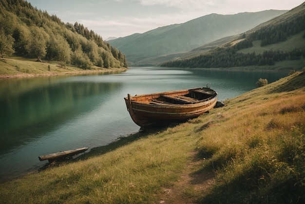 Spokojne krajobrazy stara zardzewiała łódź rybacka na zboczu wzdłuż brzegu jeziora