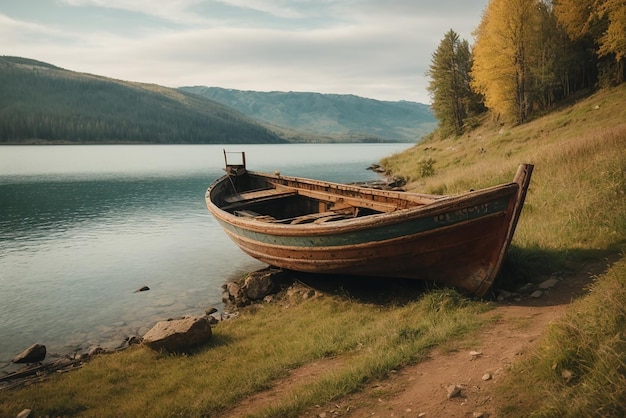 Spokojne krajobrazy stara zardzewiała łódź rybacka na zboczu wzdłuż brzegu jeziora