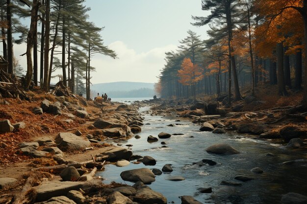 Spokojne krajobrazy wiejskie Lato Jesienne jezioro pokryte skałami Natura tło tapety