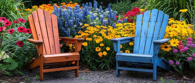 Zdjęcie spokojne krzesła adirondack wśród kwiatów na wyspie mackinac w stanie michigan