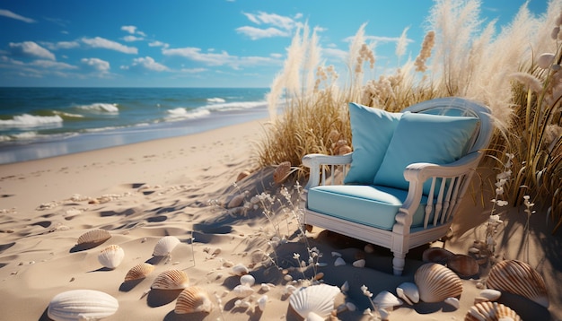 Zdjęcie spokojne letnie wybrzeże, błękitna woda, piaszczysta plaża, relaks w naturze, generowany przez sztuczną inteligencję