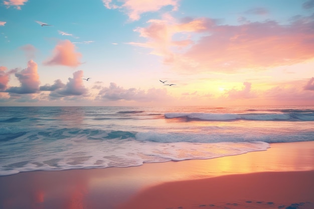 Spokojne mewy wschodzące nad promieniującą plażą przy wschodzie słońca Generatywna sztuczna inteligencja