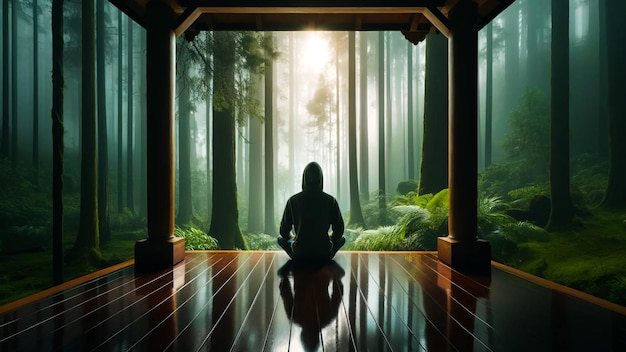 Spokojne miejsce na medytację w mglistym lesie