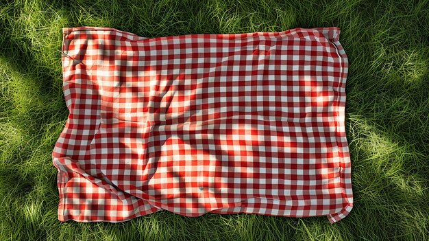 Zdjęcie spokojne miejsce na piknik z czerwonym i białym kołdrą w bujnego zielonego parku