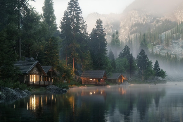 Spokojne miejsce przy jeziorze z przytulnymi domkami