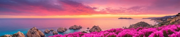 Zdjęcie spokojne morza w zmierzchu jasny zachód słońca nad oceanem z bujne różowe kwiaty w kwitnieniu tworzące zapierający dech w piersiach krajobraz
