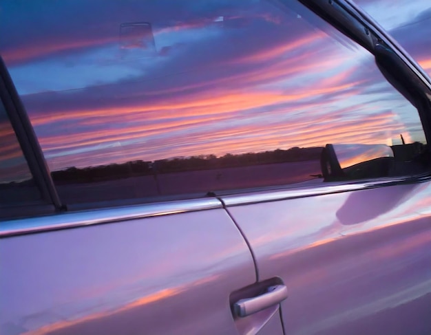 Spokojne odbicie zachodu słońca w oknie samochodu podczas spokojnej wieczornej podróży