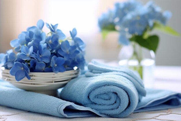 Zdjęcie spokojne otoczenie spa i odnowy biologicznej z niebieskimi kwiatami i niebieskimi ręcznikami stworzone za pomocą generatywnych narzędzi sztucznej inteligencji