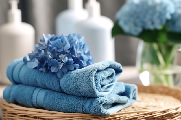 Zdjęcie spokojne otoczenie spa i odnowy biologicznej z niebieskimi kwiatami i niebieskimi ręcznikami stworzone za pomocą generatywnych narzędzi sztucznej inteligencji
