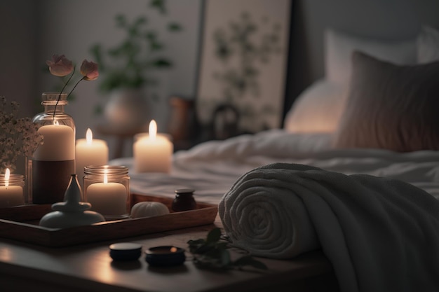 Spokojne otoczenie z pachnącymi świecami łóżko do masażu Generative AI