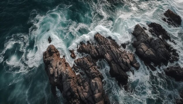 Spokojne piękno morskiego krajobrazu rozbijające fale o skały generowane przez sztuczną inteligencję