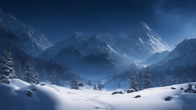 Zdjęcie spokojne, pokryte śniegiem pasmo górskie pod rozgwieżdżonym niebem