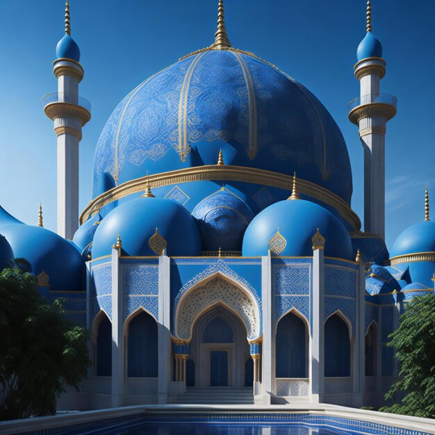 Zdjęcie spokojne przedstawienie majestatycznego niebieskiego meczetu z wygenerowaną ai ozdobną niebieską kopułą