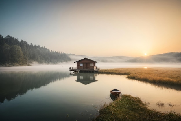 Spokojne refleksje Mglisty poranek krajobraz nad jeziorem