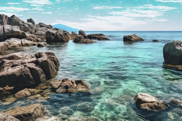 Spokojne skaliste skały na wybrzeżu z hipnotyzującą wodą oceanu dobra pogoda Generacyjna sztuczna inteligencja