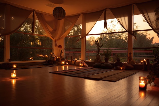Zdjęcie spokojne studio jogi przy świecach do wieczornej praktyki stworzone za pomocą generatywnej ai