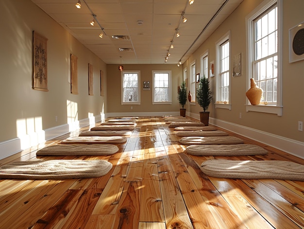 Zdjęcie spokojne studio jogi z podłogą z naturalnego drewna i uspokajającymi kolorami