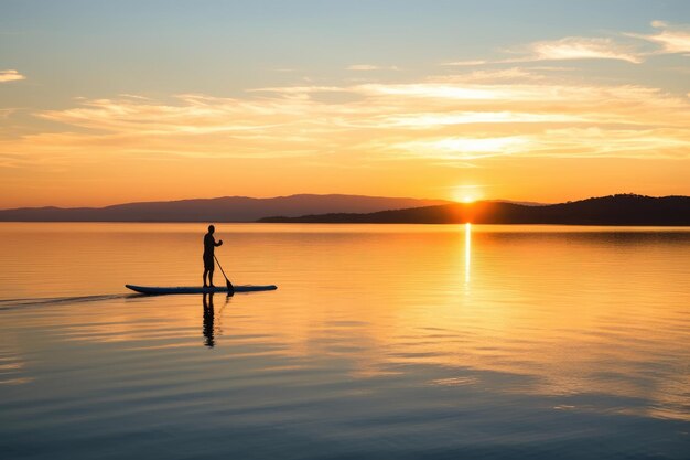 Spokojne ujęcie paddleboardera szybującego po spokojnym jeziorze o wschodzie słońca. Generacyjna sztuczna inteligencja