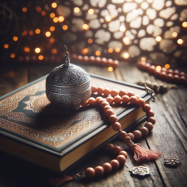 Zdjęcie spokojne ustawienie koralików modlitewnych tasbih i zamknięty koran