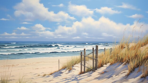 Spokojne widoki oceaniczne Wyraźny i czysty obraz olejny przedstawiający piaszczystą plażę z płotem