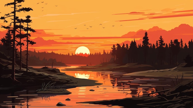 Spokojne wody Wysoka szczegółowa ilustracja krajobrazu lasu o zachodzie słońca