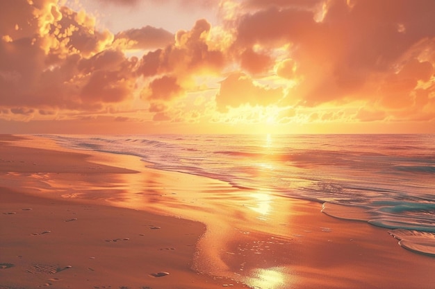 Spokojne zachody słońca na plaży z ognistym pomarańczowym niebem.