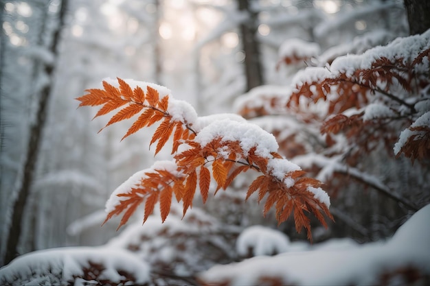 Spokojne zimowe lasy spadające liście i śnieg na pniach drzew