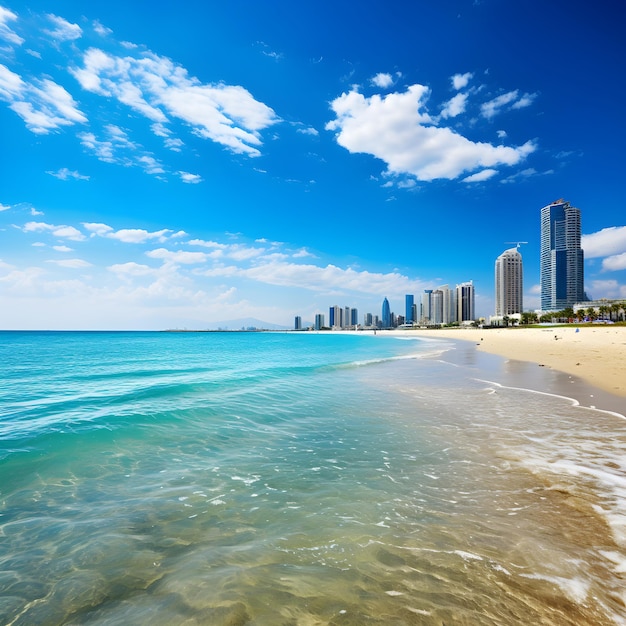 Zdjęcie spokojne złote piaski i błękitne wody plaży ajman na tle skyline