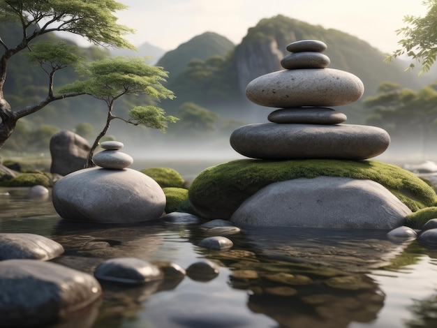 Spokojność medytacyjna Równowaga skała w naturze Tworzenie stosów Zen dla spokojnej medytacji