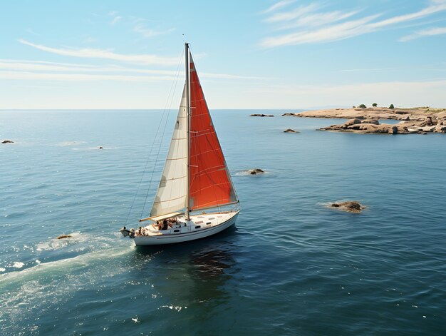 Spokojność na morzu Mały jacht pływający w oceanie Widok ptaków Minimalistyczny fotorealistyczny w ciągu dnia