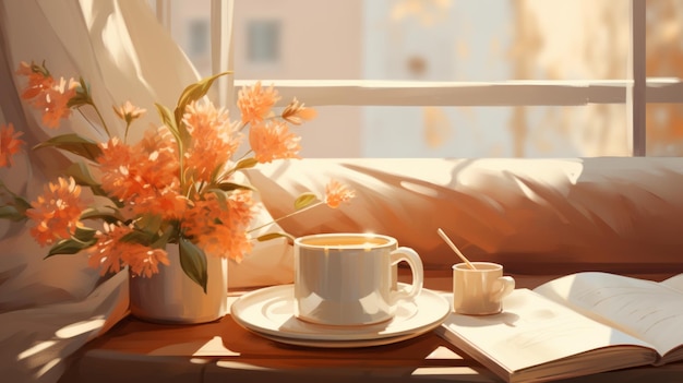 Spokojność przy wschodzie słońca Szczęśliwy poranek kobiety Kawa i śmiech