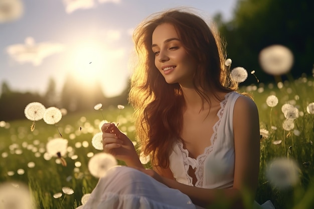 Spokojność w przyrodzie Piękna młoda kobieta siedząca na zielonym polu