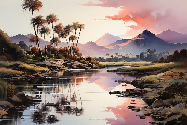 Spokojny akwarelowy krajobraz Hawajów na pochmurnym, zachmurzonym wschodzie słońca AI generatywny
